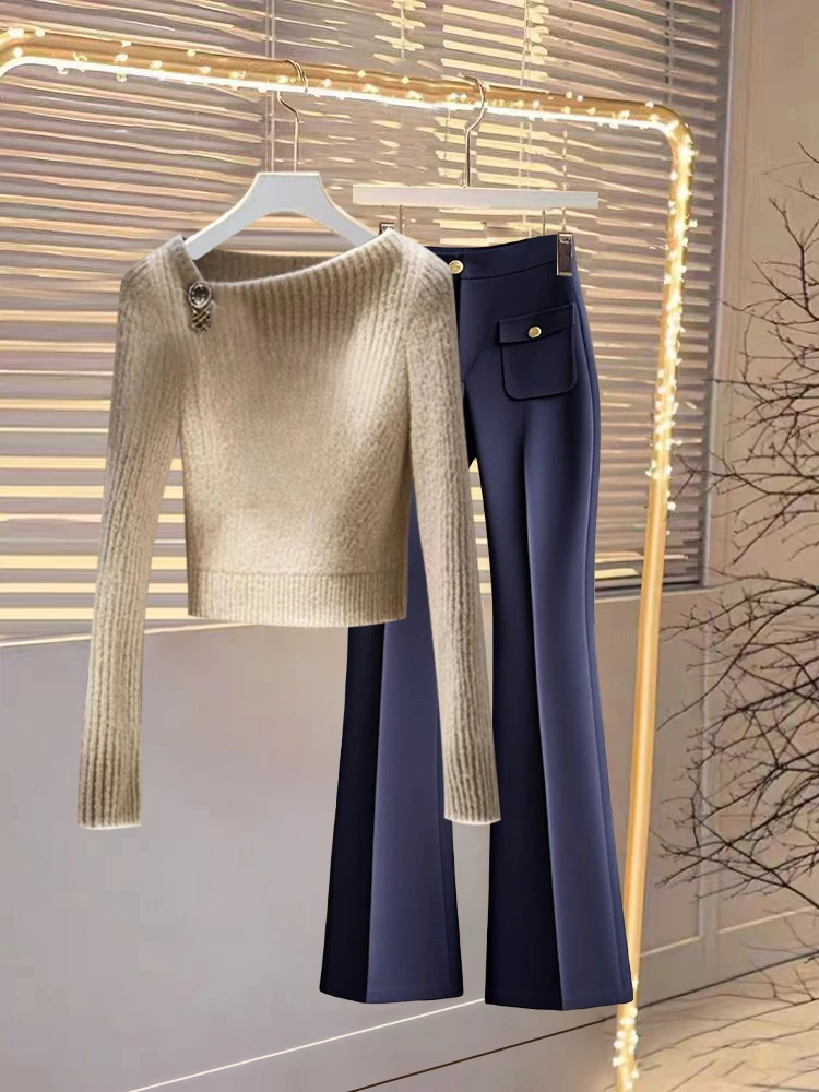 轻熟风百搭针织毛衣女早春新款绝美高级感显瘦高腰百搭西装裤套装