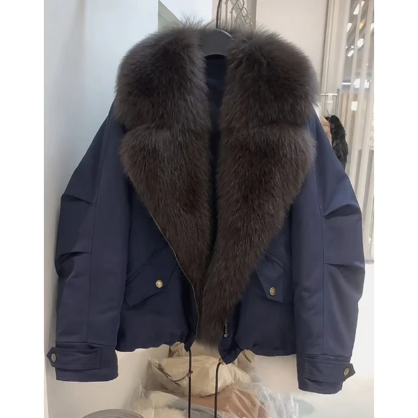 2024冬季新款街头酷辣大毛领翻领宽松抽绳加厚羽绒派克服百搭外套