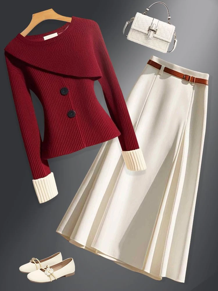 超好看独特别致气质红色针织衫显瘦时尚小众绝美半身裙绝美两件套