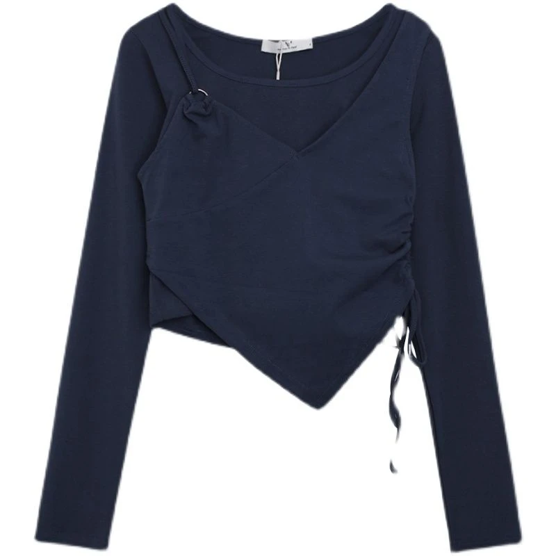 纯欲辣妹露肩长袖短款显瘦内搭吊带春秋季纯色性感设计感小众上衣