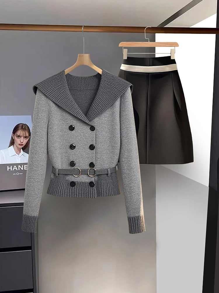 韩系时尚洋气学院风套装慵懒风格雷系灰色翻领长袖毛衣女神范裙子