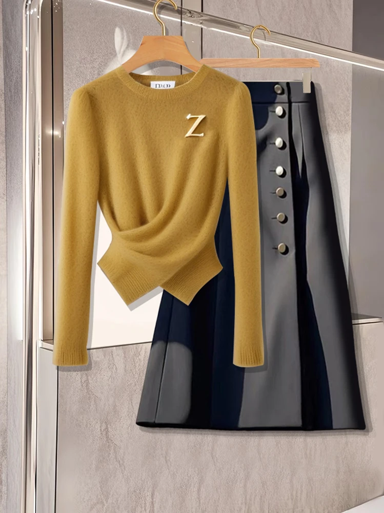 2024年冬季穿搭高级感气质名媛两件套收腰黄色针织毛衣时尚半身裙