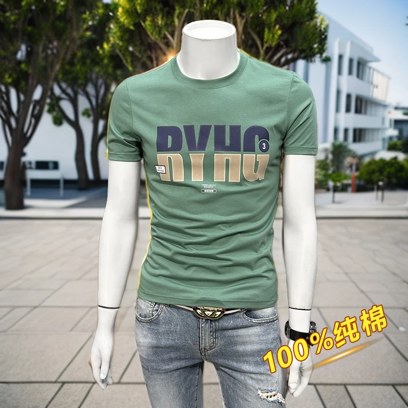 2024夏季新款字母印花短袖t恤男士潮流简约青年圆领修身半袖纯棉t