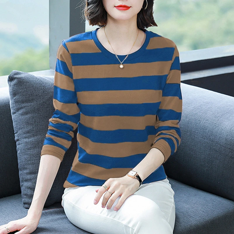 棉质长袖t恤女士大码宽松打底小衫妈妈春装2024新款中老年上衣服