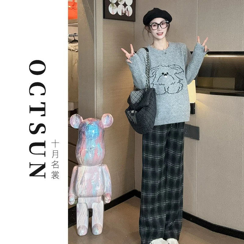 【十月名裳】冬季孕妇装显瘦休闲减龄加绒格子阔腿裤57725