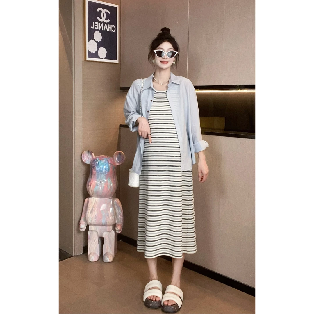 【乖24年夏装新款】孕期宽松显瘦时尚条纹背心裙防晒衬衫套装57235