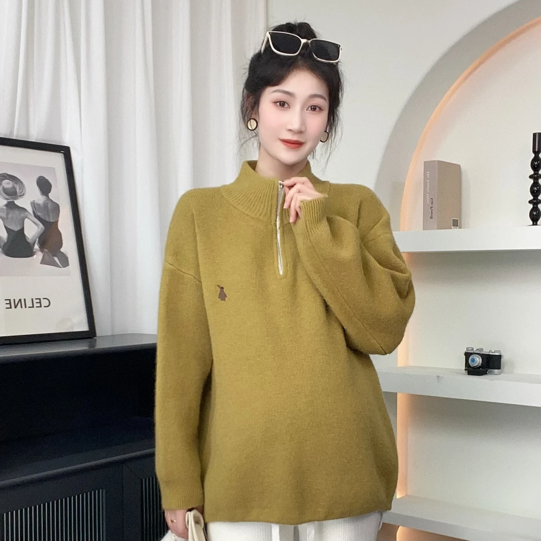 清价秋冬孕妇加厚慵懒风时尚显瘦拉链立领拉链可抽绳毛衣55740