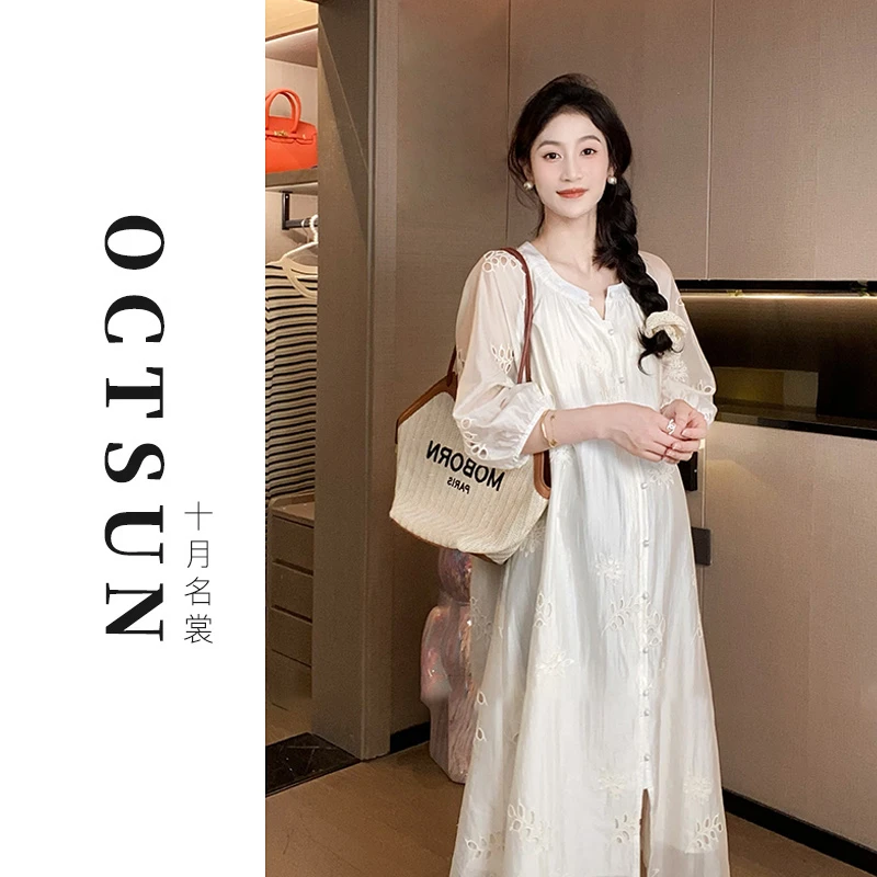 【十月名裳】夏季款孕妇装中长款温柔孕期穿搭重工刺绣连衣裙57367