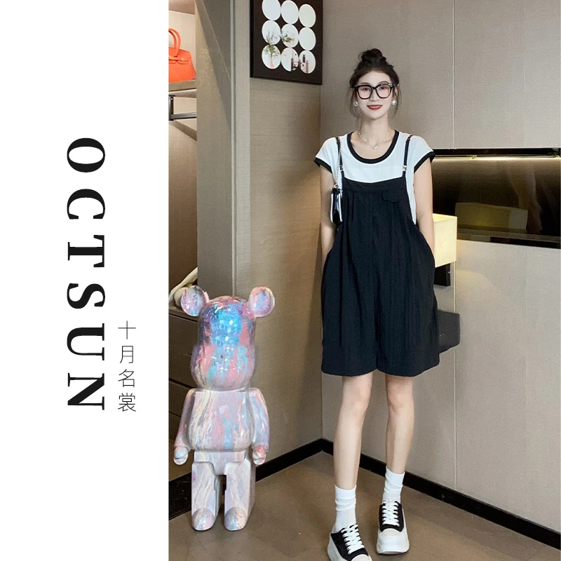 清十月名裳夏季孕妇显瘦圆领黑色短袖+速干细肩带短裤背带裤57420