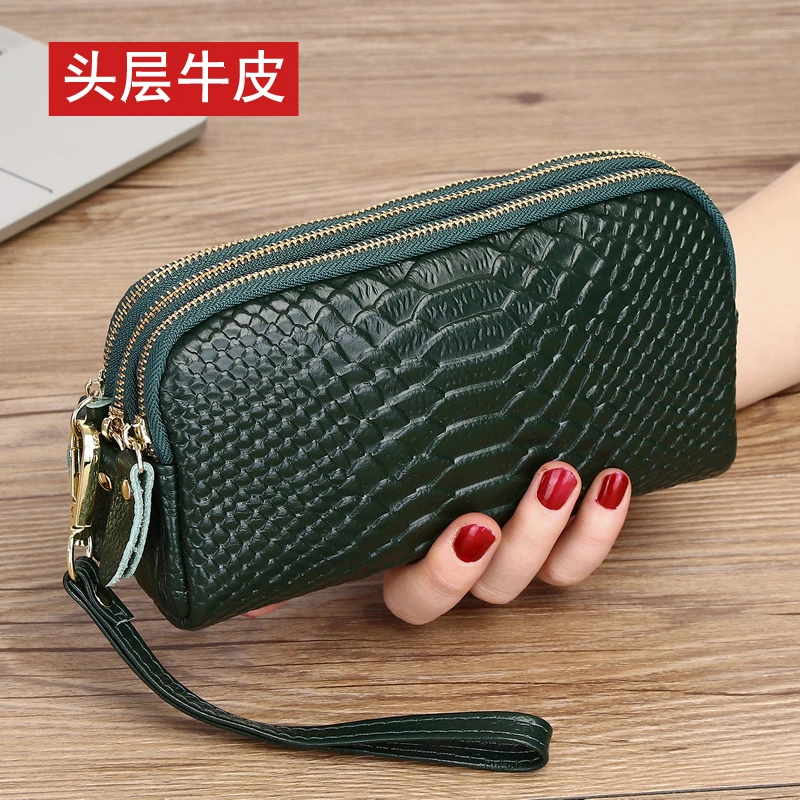 真皮手拿包女士可放手机零钱包三层多功能妈妈钱包长款大容量牛皮