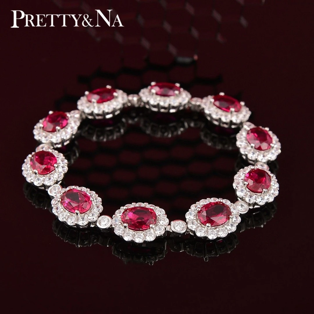 925银手链 银气质时尚百搭复古红色简约经典镶嵌轻奢彩色精致满钻