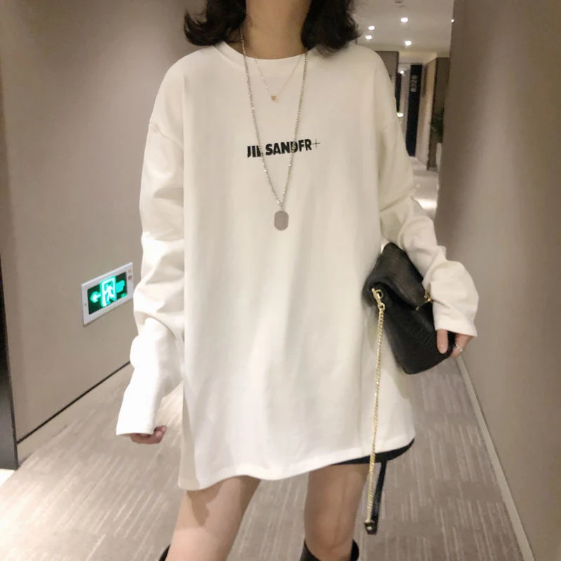 德绒恤女秋冬冬季新款圆领宽松中长款印花白色长袖打底磨毛上衣