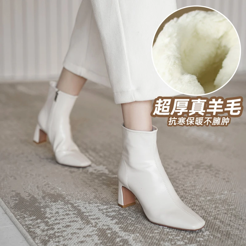送运费险/羊皮白色时尚百搭粗跟方头秋冬加厚加绒法式短靴女靴子