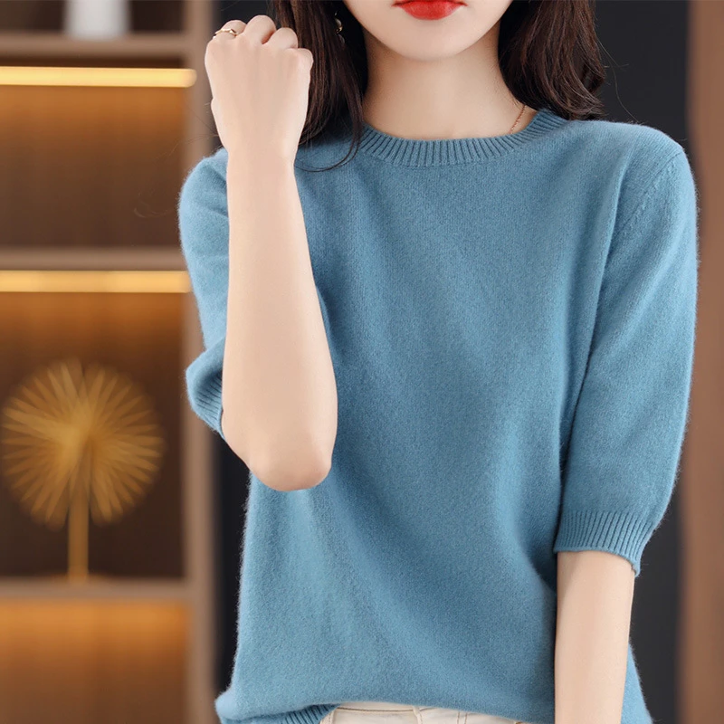 春夏宽松百搭羊毛针织短袖女士大码圆领纯色打底衫针织T恤衫薄款
