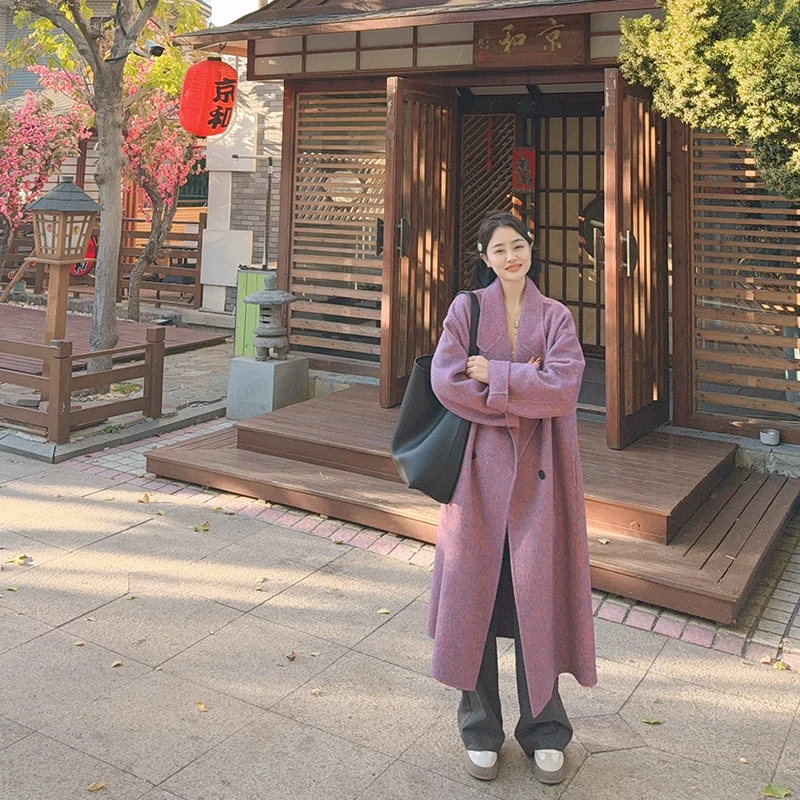 【薰衣草庄园】2025长款羊毛兔毛桑蚕丝大衣双面气质宽松小个子韩版