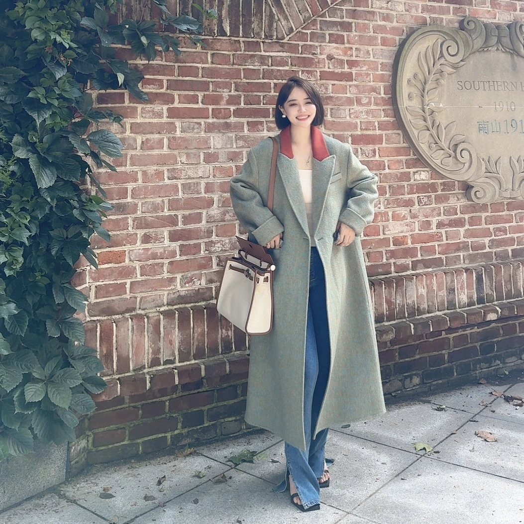 【柏林午后】2025新款拼色拼接双面羊毛兔毛桑蚕丝手工大衣宽松秋冬