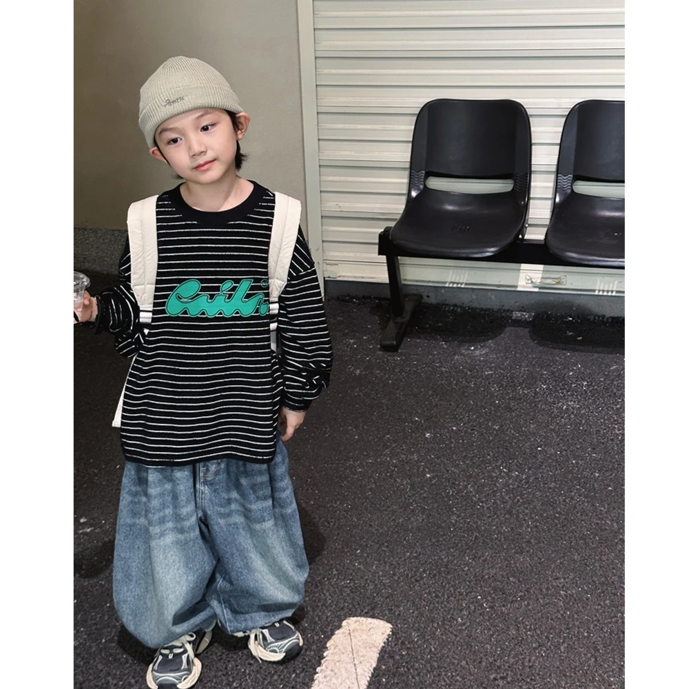【现货】略略童装日韩高品质男孩儿童春秋款条纹潮上衣T恤233TX605