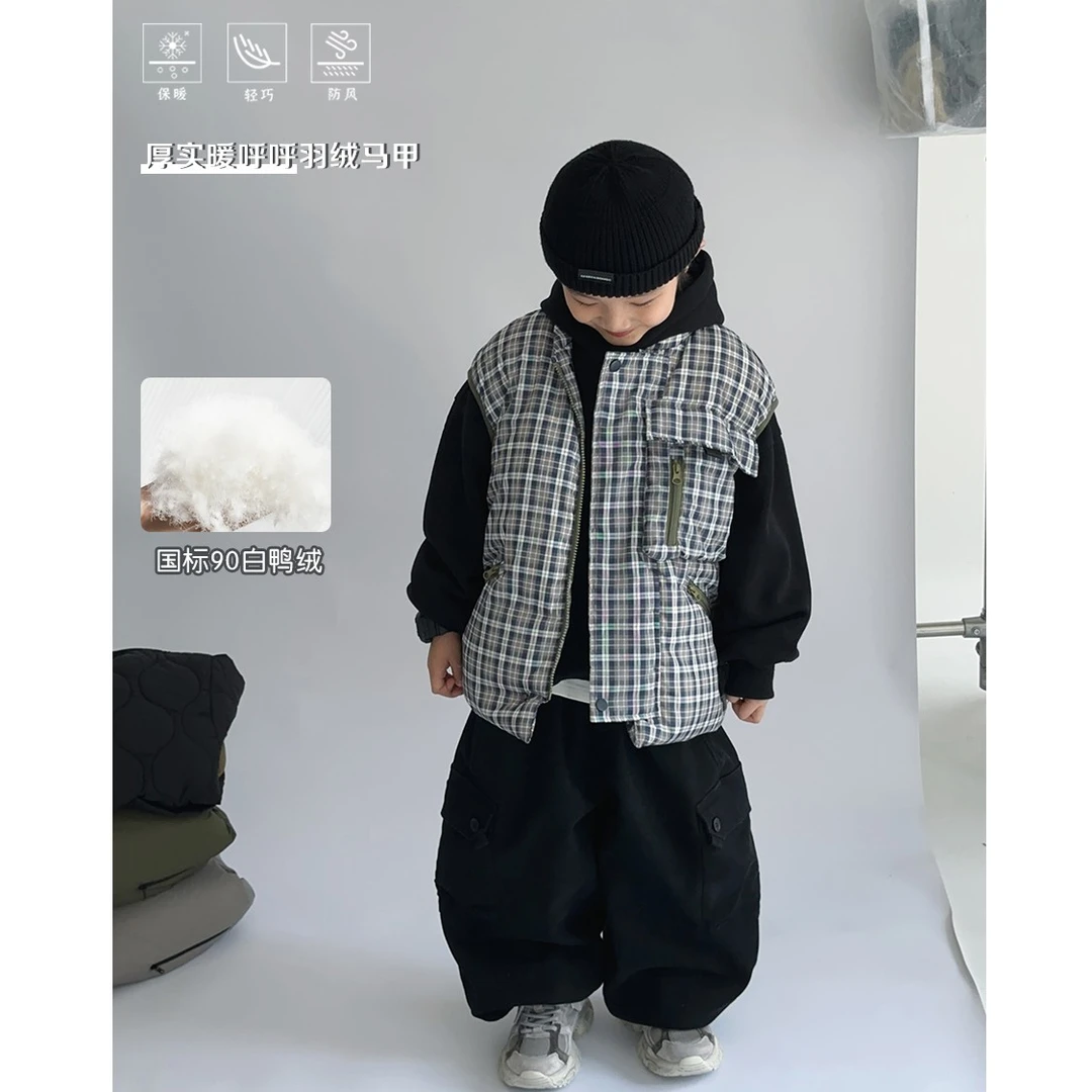 【现货】略略童装秋冬简约格子拼接百搭背心羽绒服马甲234MJ604