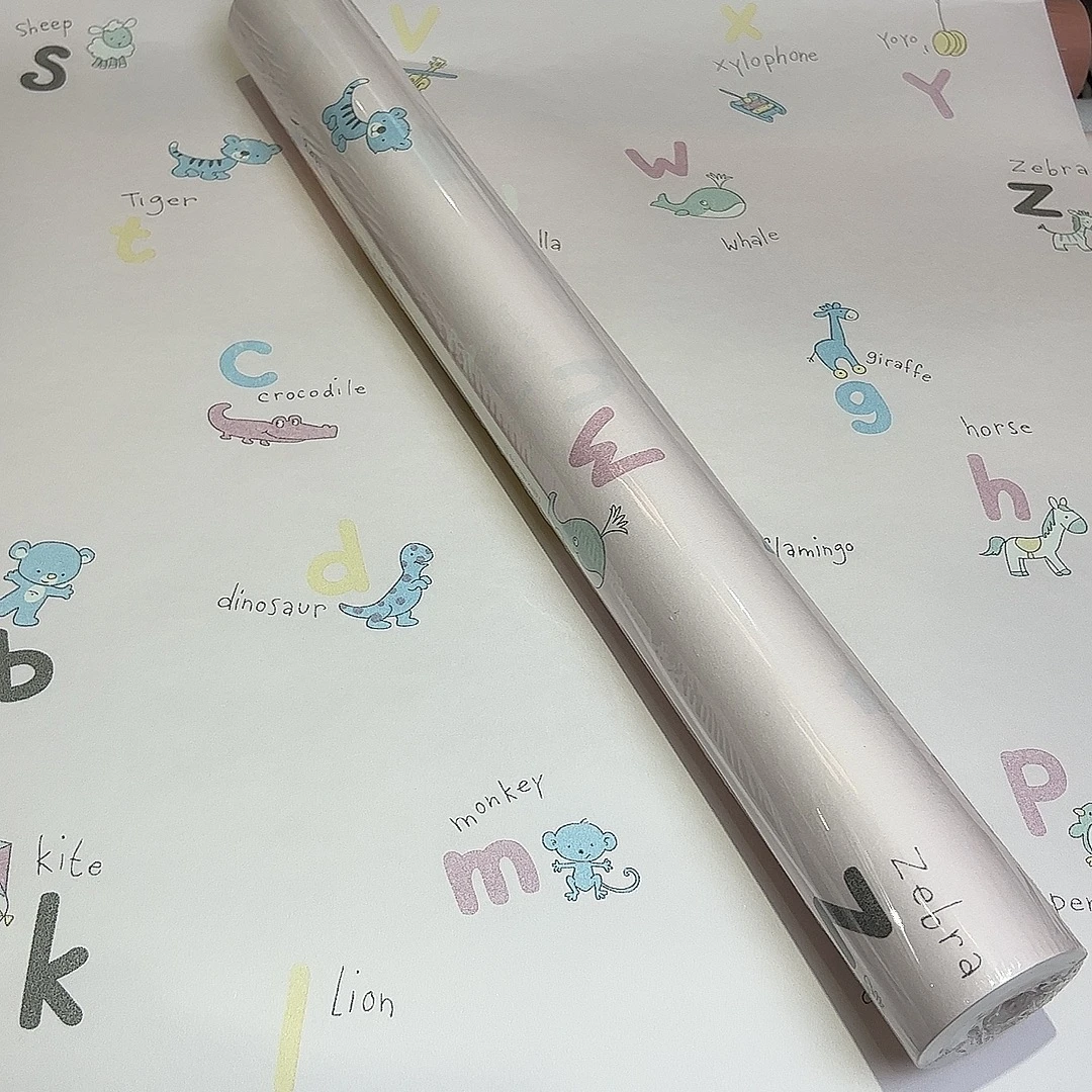 刷胶非自粘壁纸、浅粉色儿童房壁纸、卡通壁纸