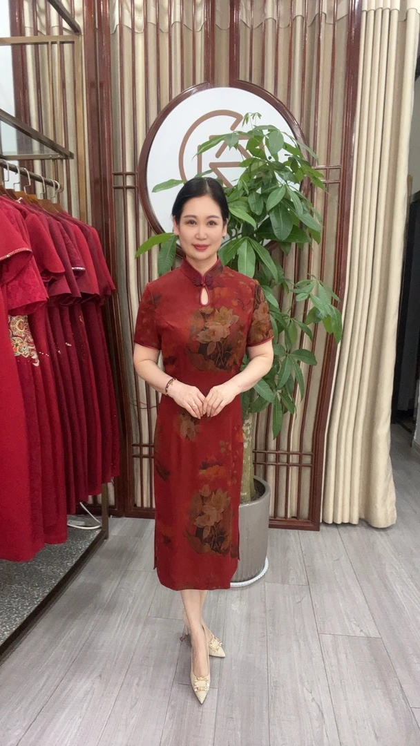 3150-16香云纱夏季精品中长款1.06米旗袍优雅修身中式显瘦重磅