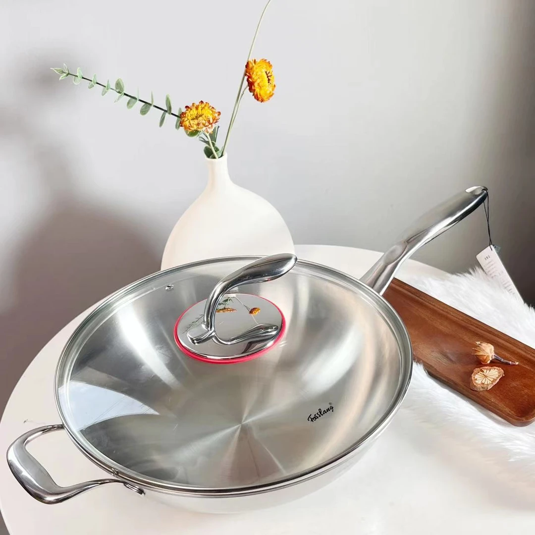 Fosslang 18/10不锈钢炒锅30/32无涂层燃气灶电磁炉通用