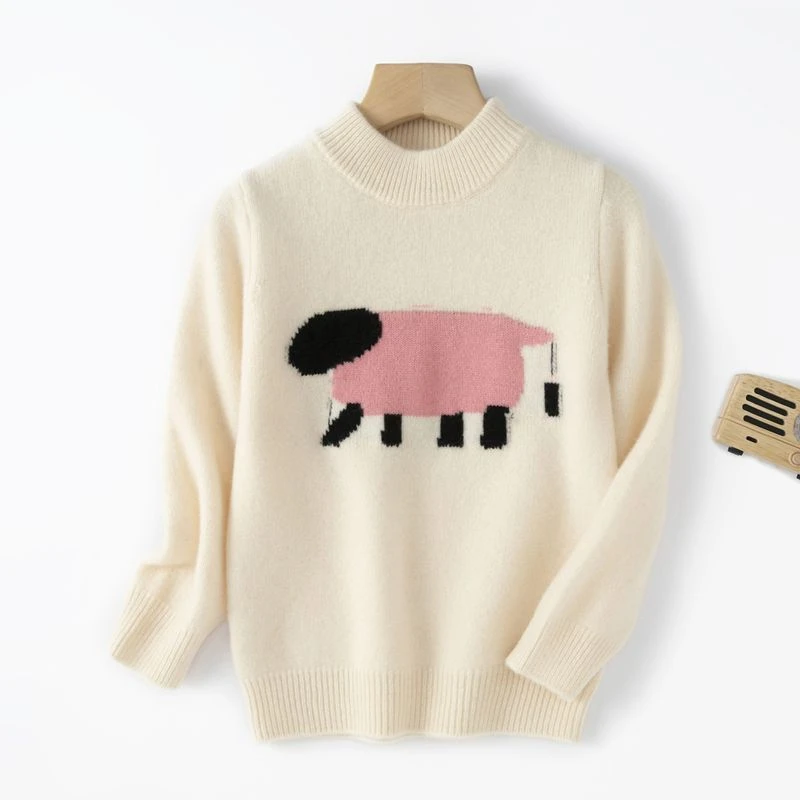 新款秋冬加厚卡通100%纯羊毛男童半高领毛衣小羊图案男女童羊毛衫