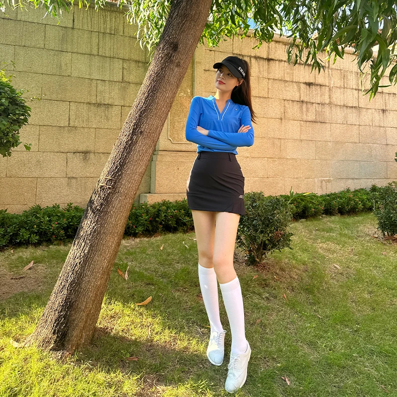 高尔夫服装女款秋冬v领长袖运动显瘦保暖上衣高腰修身弹力包臀裙