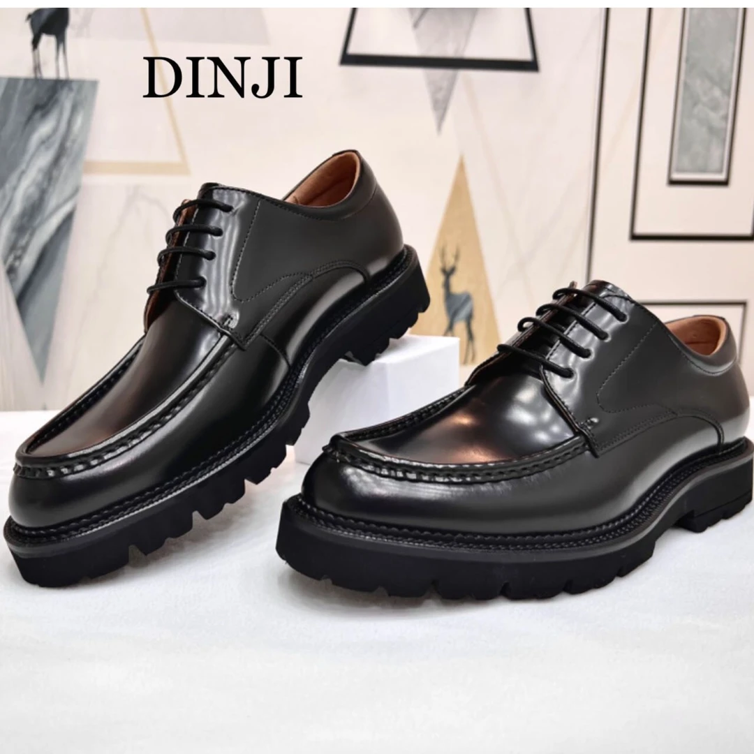 手工开边珠黑色男士休闲圆头英伦风商务休闲正装厚底鞋时尚男皮鞋