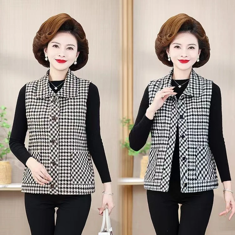 纯色 春秋中老年妈妈装女士外穿洋气格子上衣 马甲
