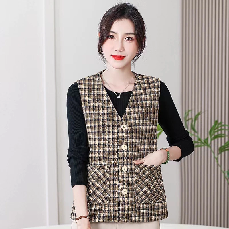 V型领女士宽松洋气格子中老年上衣 马甲