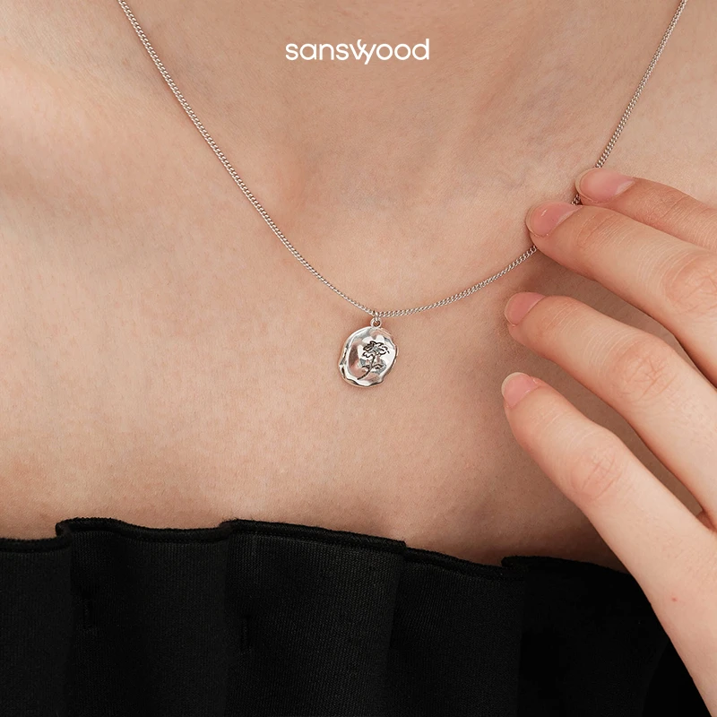 sanswood 吊坠925银 《飞鸟与诗》圆牌项链女春夏简约纯银锁骨链