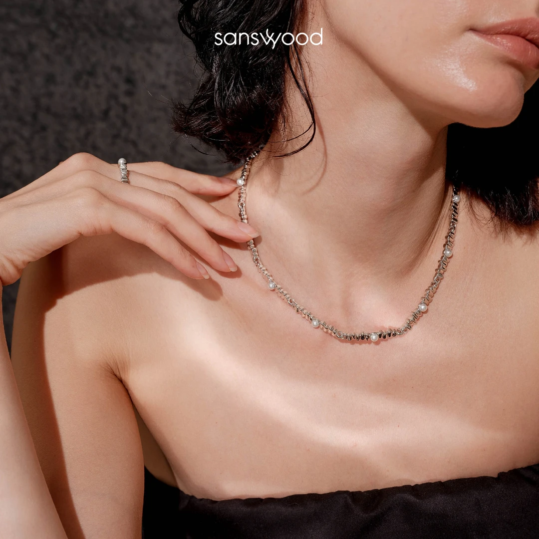 sanswood 铜合金仿珍珠项链 《探戈舞会》银色小众拼接气质项链