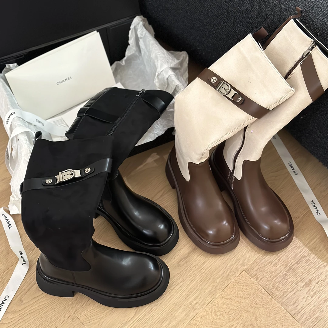 【呀呀家】扣件长靴时尚百搭真皮厚底粗跟瘦瘦靴圆头秋冬英伦风