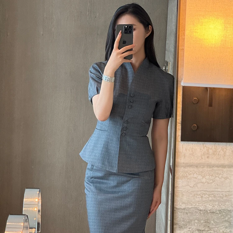 2194-格雷系灰色中古风格纹职业女裙套装