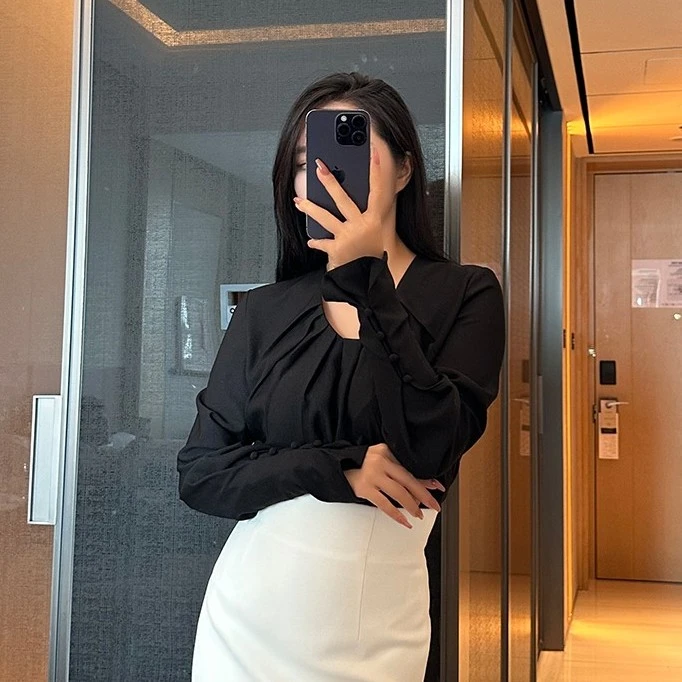 高端复古简约灯笼袖口极简纯色收摺长袖上衣衬衫显瘦百搭-2348