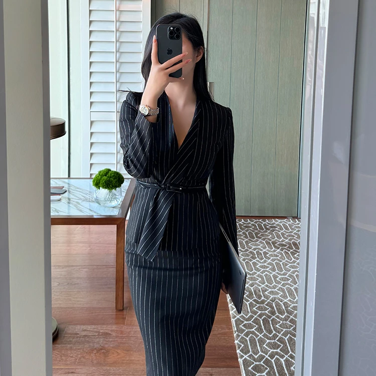 条纹西装套装女商务总裁经理高端通勤职业装西服时尚修身-2701