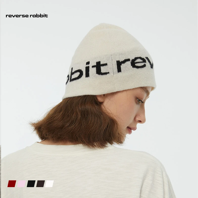 reverse rabbit 100%山羊绒字母提花冷帽针织帽极 简保暖冷帽