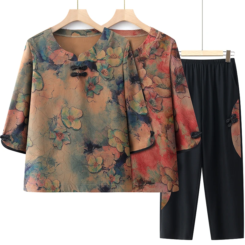 中老年妈妈装套装洋气奶奶装夏季衬衣裤子老太太衬衫老人夏装时尚