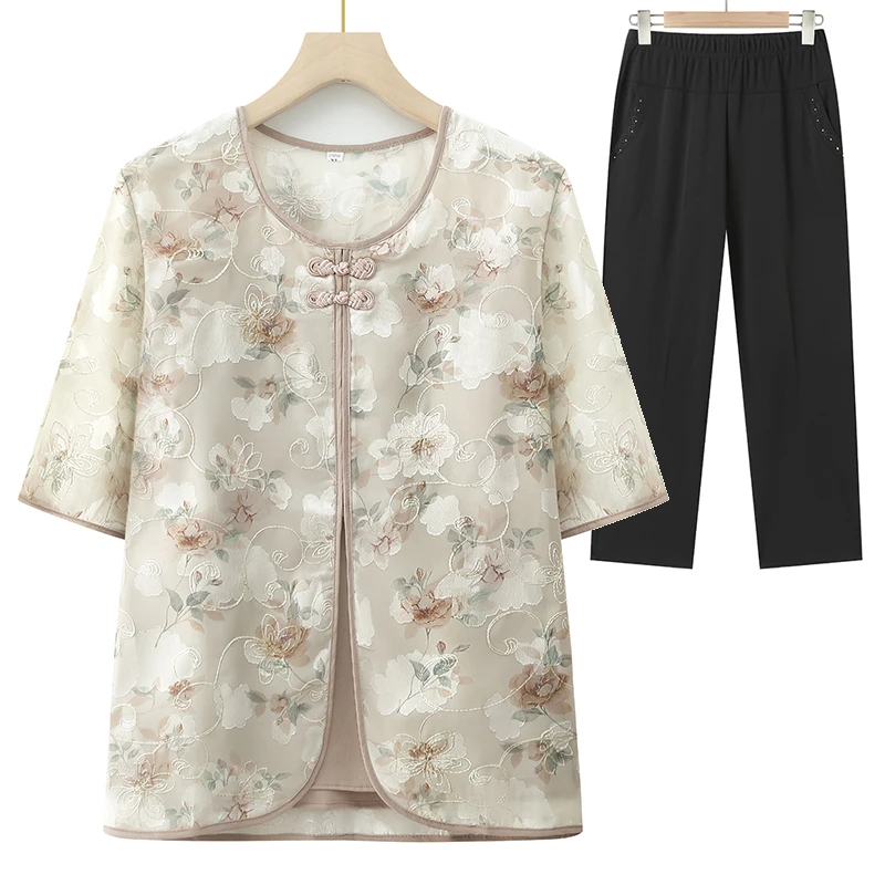 中老年妈妈装套装新中式奶奶装衬衣裤子宽松老太太衬衫老人夏装