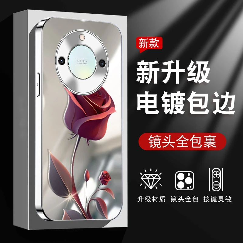 镜面一支红玫瑰适用荣耀X50/X50PRO/X50GT高级感女款防摔电镀银