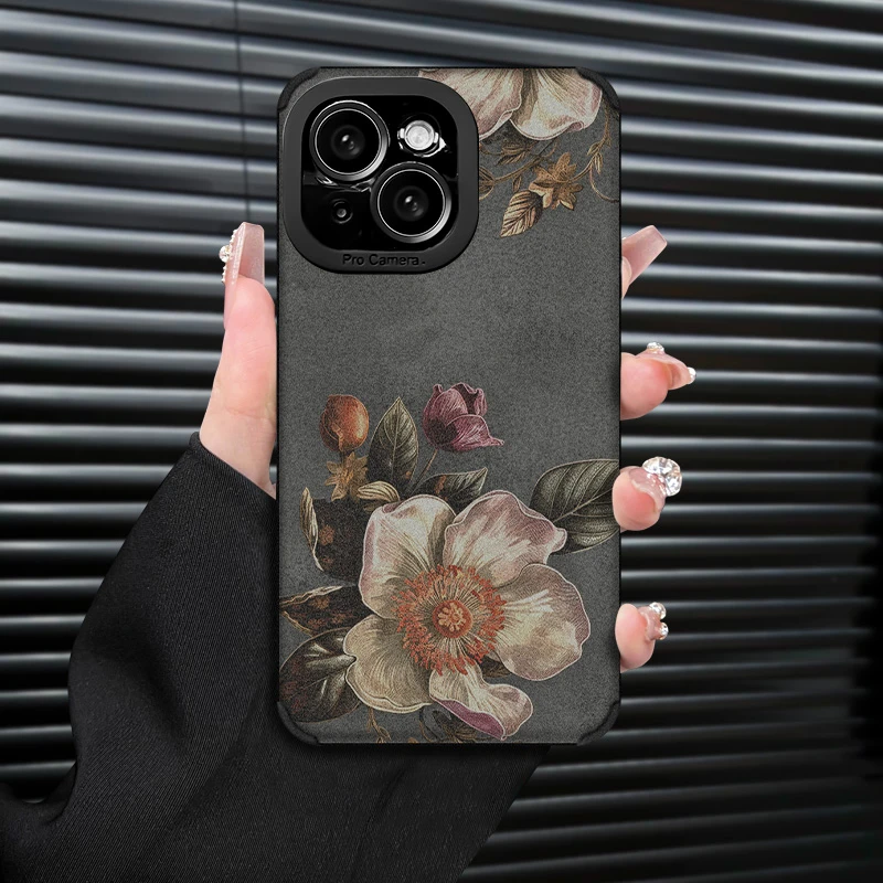 复古花朵复古皮质适用苹果16手机壳华为vivo小米oppo软套防摔全包