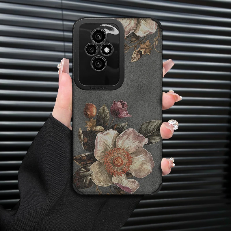 复古花朵复古皮质适用荣耀200/PRO手机壳翻毛皮软套防摔创意全包