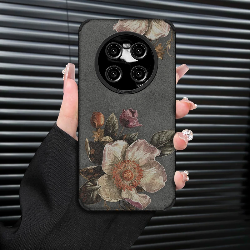 复古花朵复古皮质适用华为MATE40手机壳翻毛皮软套防摔创意全包镜