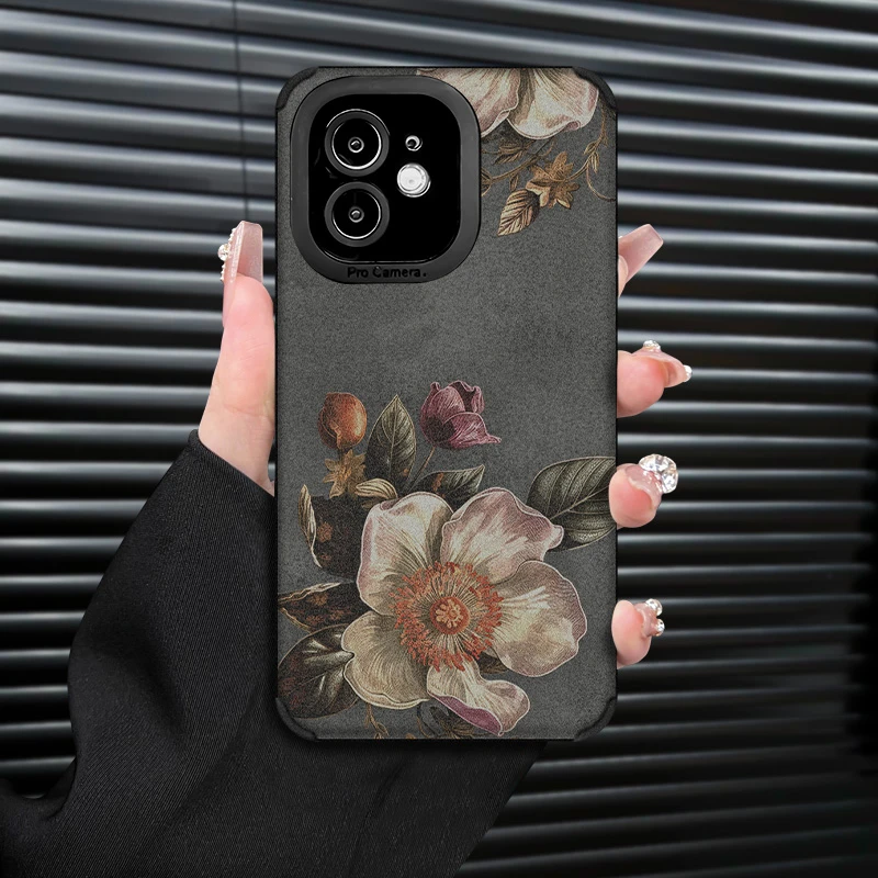 复古花朵复古皮质适用苹果11手机壳翻毛皮软套防摔创意全包镜头