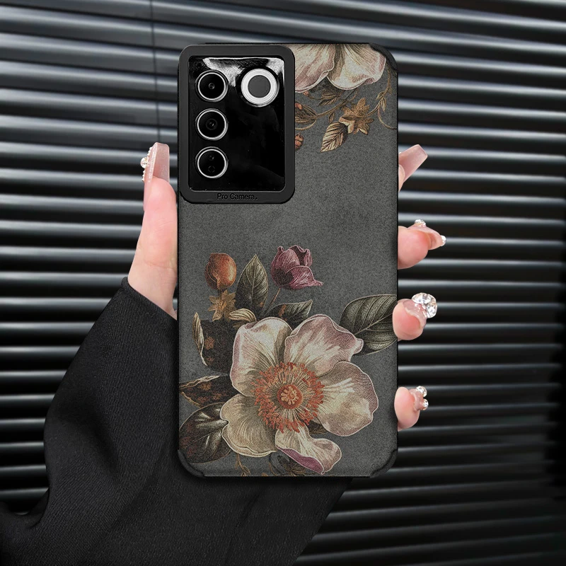 复古花朵复古皮质适用VIVOS16/S16PRO手机壳翻毛皮软套防摔创意