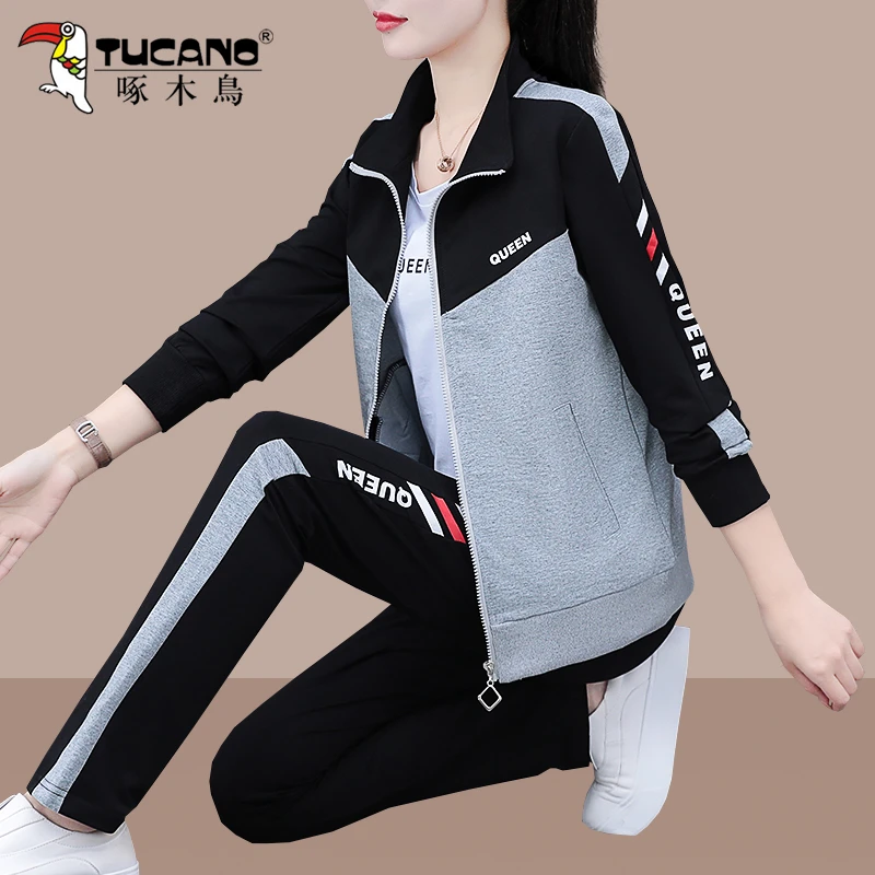 啄木鸟休闲运动套装女秋装2024新款春秋宽松大码跑步服外套三件套