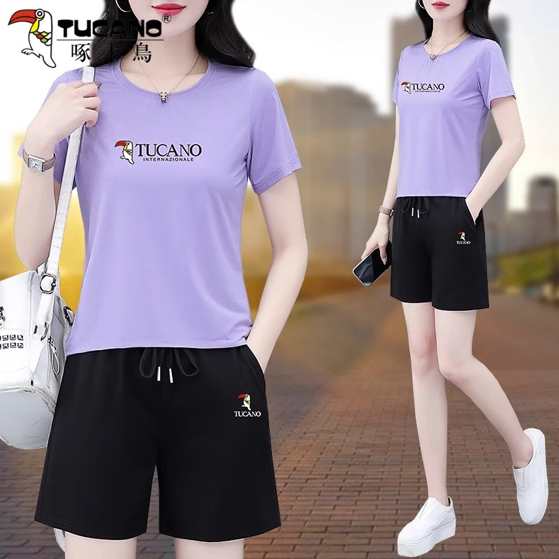 啄木鸟冰丝运动服套装女夏季2024新款薄款透气速干休闲跑步两件套