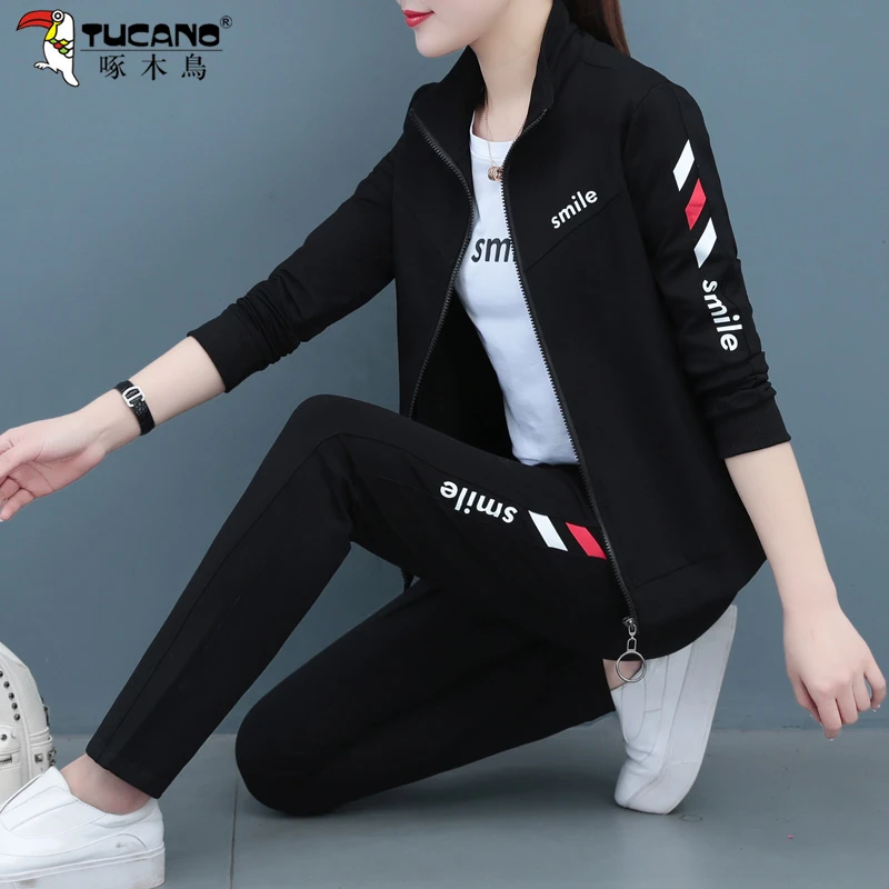 【官方正品】啄木鸟时尚运动服套装女2025新款秋季宽松休闲三件套