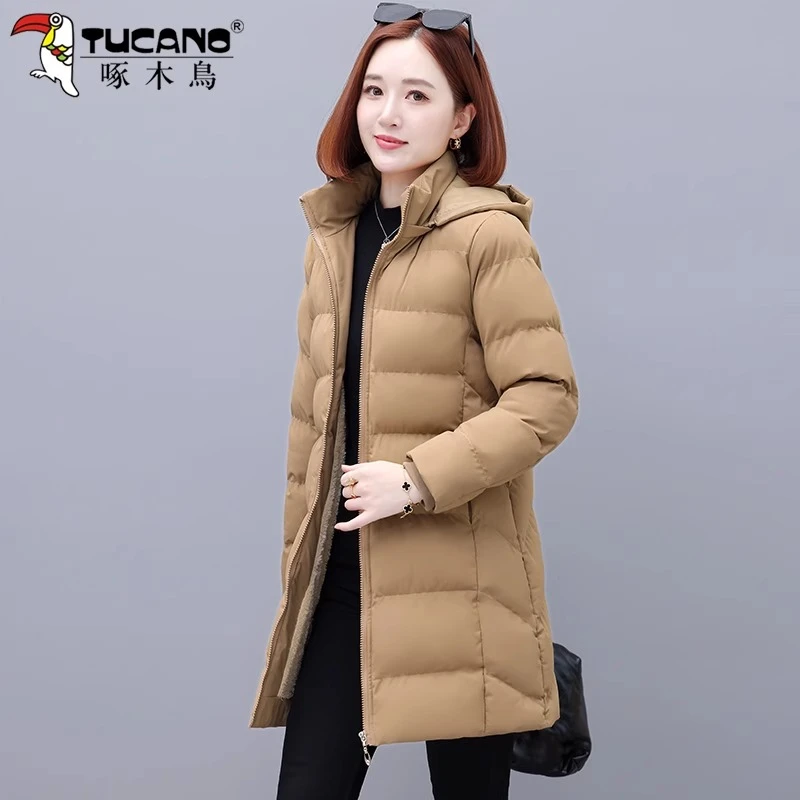 啄木鸟中长款时尚棉服女2025年冬季新款加厚加绒保暖宽松百搭外套