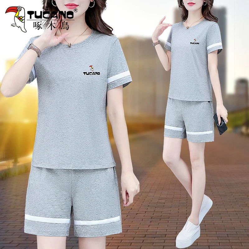 啄木鸟短袖运动套装女2025新款夏季妈妈装时尚洋气宽松短裤两件套
